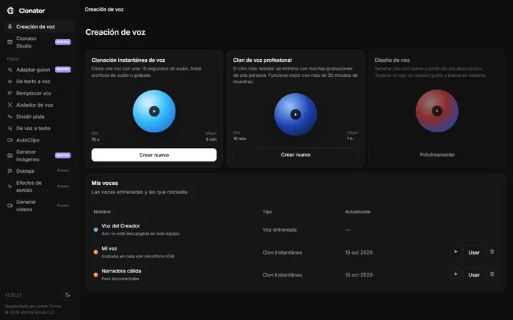 Pantalla de Creación de voz en Clonator, en uso